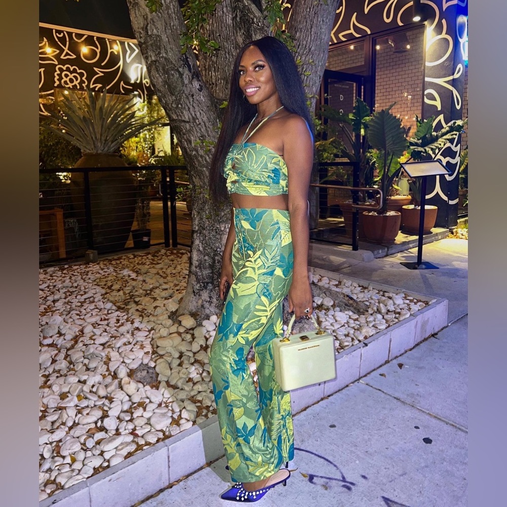 Zara Jacquard Set With High Waisted Pants and Cut Out Top